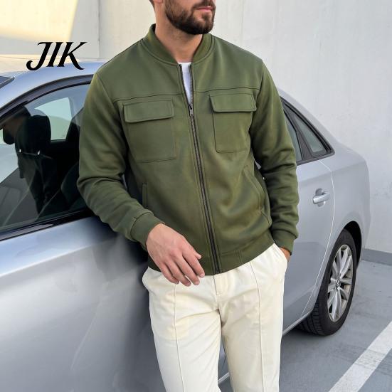 Everyday Basic Sportswear Men Casual Baseball Coat, Lightweight Multi-Pocket Windbreaker, Solid Color Outerwear Outdoor Windbreaker with Stand Collar,