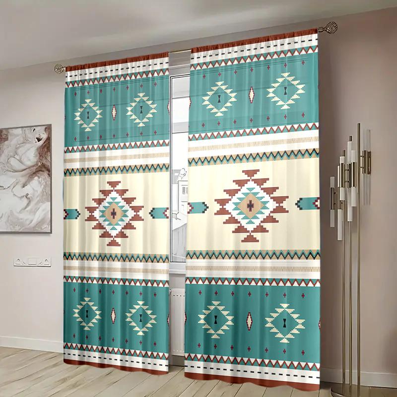 2 Stück, Retro-Vorhänge im geometrischen Ethno-Stil mit Aztekenmotiv – halbtransparent – geeignet für Wohnzimmer, Schlafzimmer, Küche, Heimdekoration