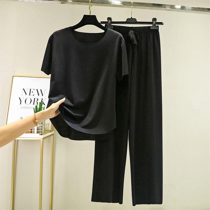 2025 Spring and Summer Ice Silk Pajamas Two-piece Short-sleeved Long Pants Colorful Large Size Breathable Leisure Home Wear Suit