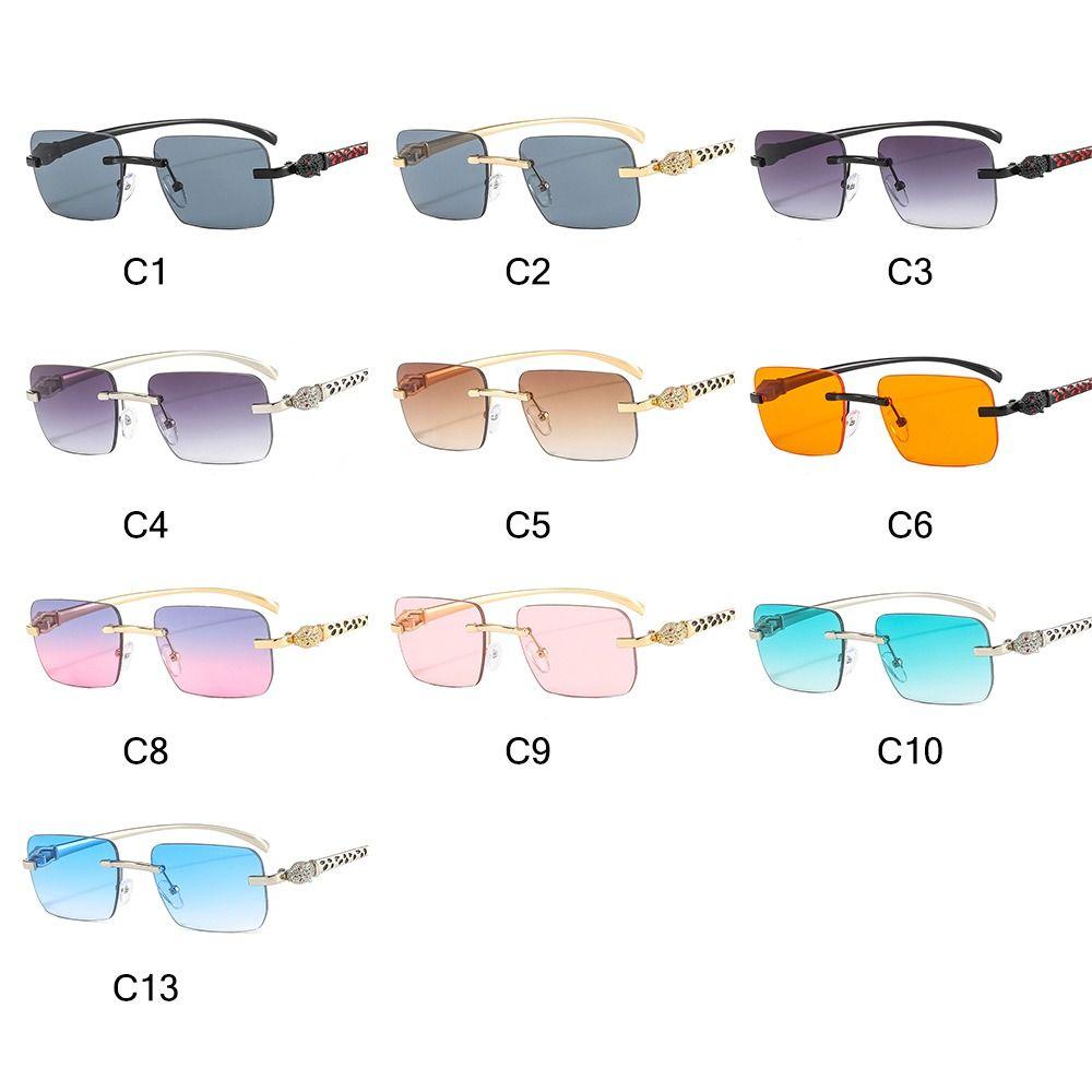 Rimless Leopard Head Decorated Sunglasses Gradient UV Protection Rectangular Sun Glasses Transparent Lens Shades for Women