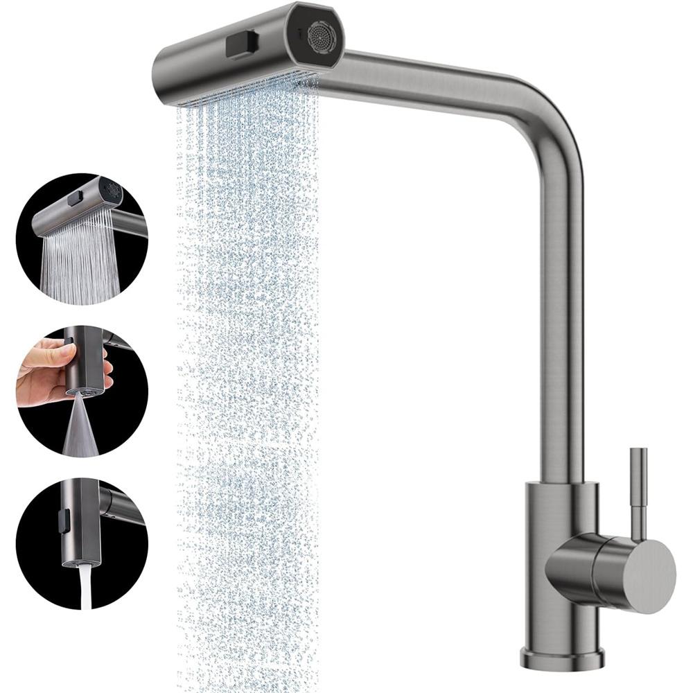 304 StainlessKitchen Faucet Pull Out Rotation Waterfall Stream Sprayer Brushed High Efficiency Cleaning Sink Steel Tap Accessory