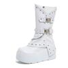 Petit Heightened Wedge Heel Boots Autumn New Round Toe Studded Metal Buckle Side Zipper Platform Non-Slip Mid-Tube Boots
