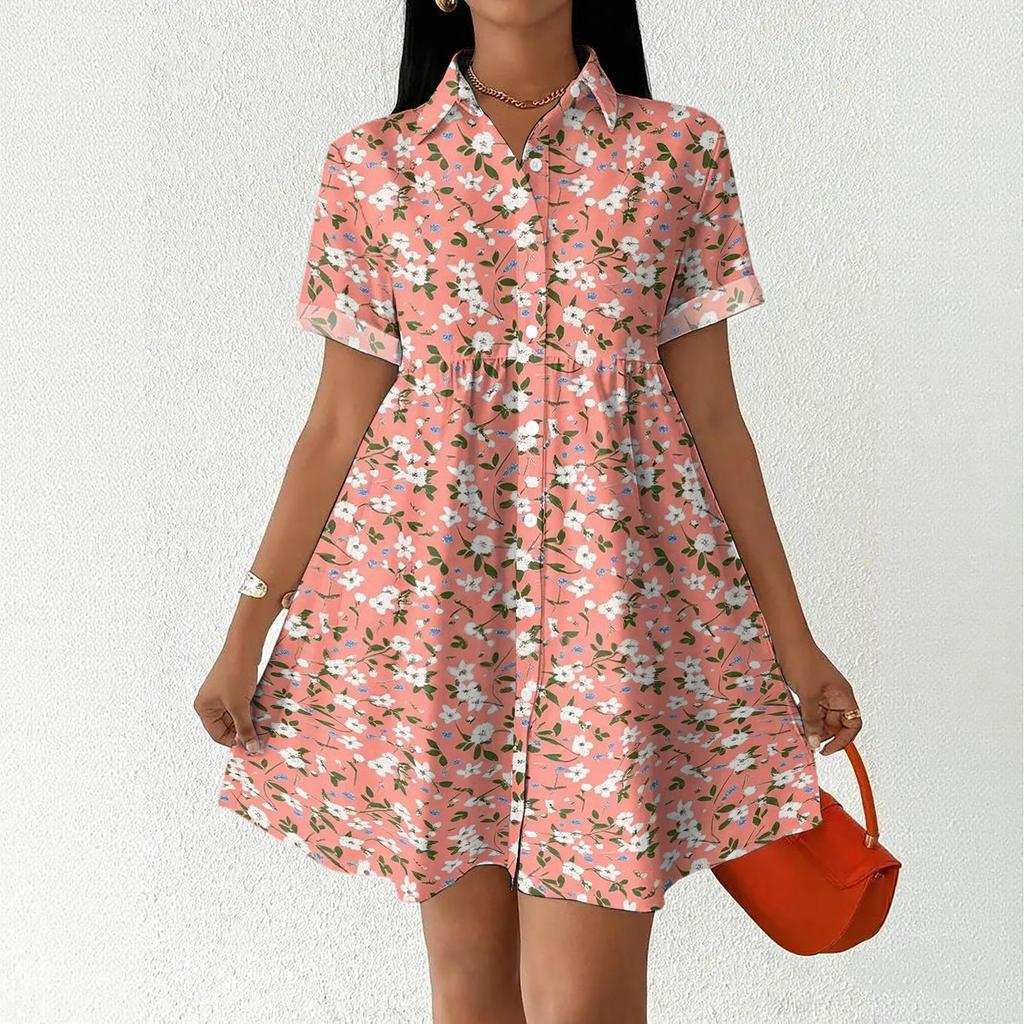Women’s Casual Loose Fit Shirt Dress with Button Front Stand Collar Short Sleeve Patchwork Print Lightweight Design