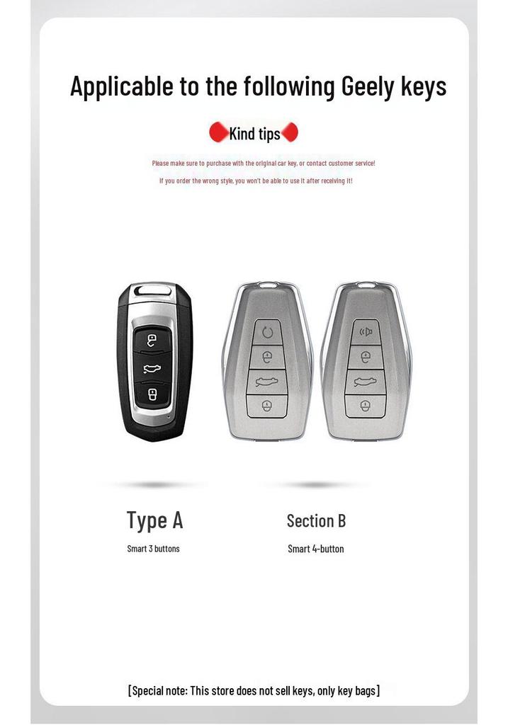 Geely Car Key Case for Emgrand GS, Boyue, X3, Vision X6, King Kong X1, Borui with Leather Buckle.