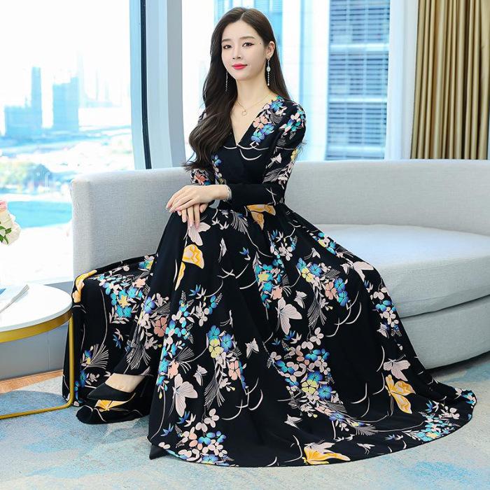 Flower skirt medium and long dress new printed long-sleeved pendulum slim and thin skirt M