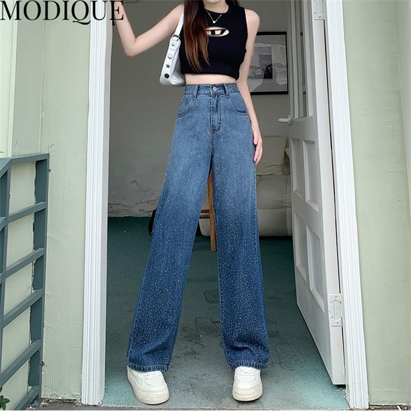 MODIQUE Primăvară Mărimi Mari Nou Femei Largi Vintage Talie Înaltă Elastic Gradare de Culoare Blugi Lungi Lady Bază Pantaloni Casual