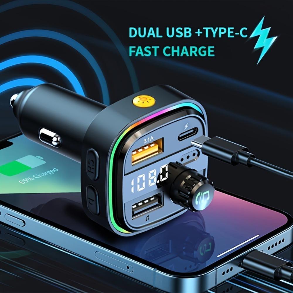 Car Bluetooth 5.3 FM Transmitter Dual USB Type-C 3.1A Fast Charger AUX Audio Adapter Car Kit with Handsfree MP3 Modulator Player
