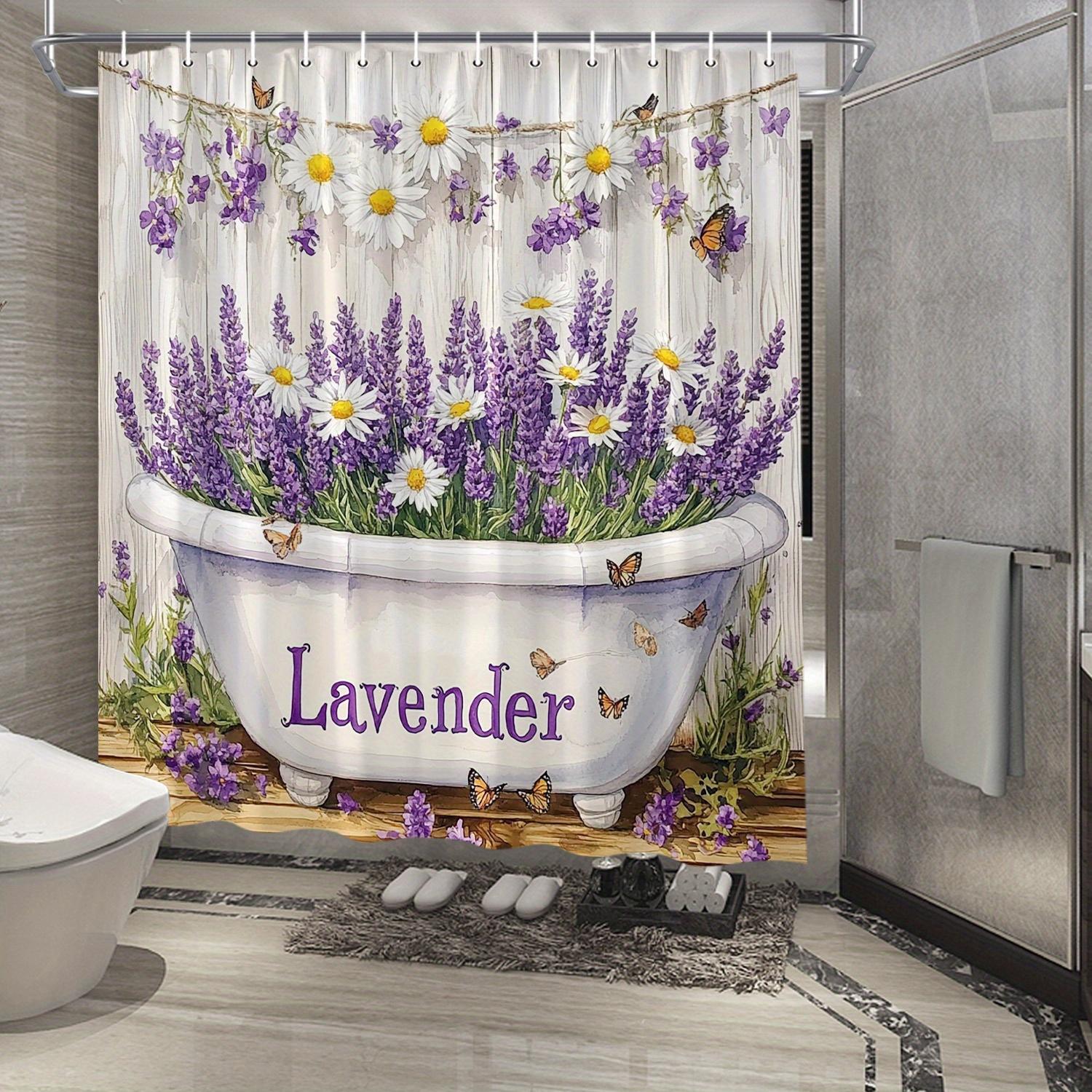 Lavender Garden Shower Curtain - Water-Resistant, Purple Flowers & Butterflies with Rustic Fence, 70x70 Inches | Polyester W90xH180cm