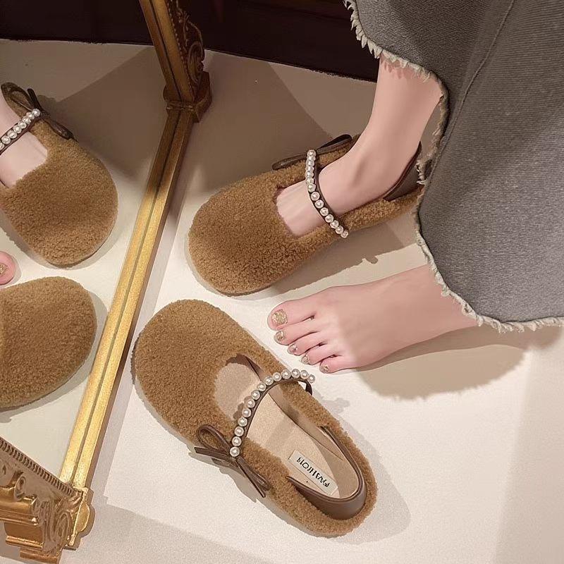 Korean Style Pearl Bow Faux Fur Loafers for Women - Autumn 2025