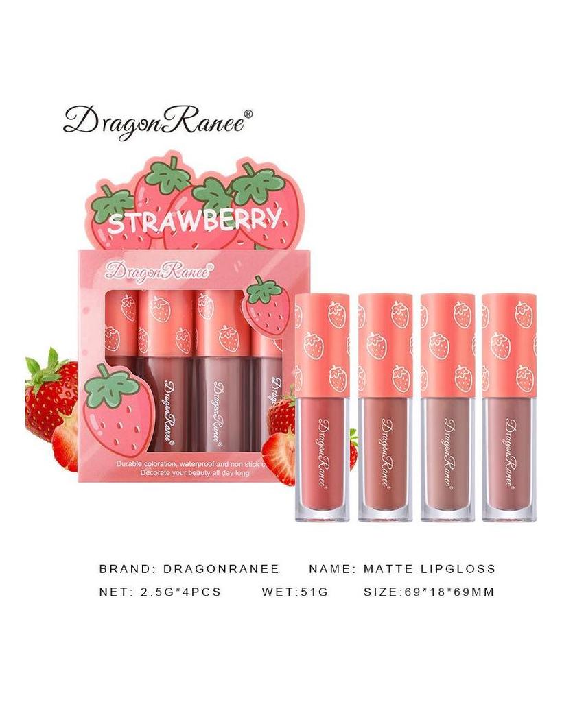 Dragon Ranee Velvet Matte Lip Glaze Set Non-fading Non-stick Cup Fruit Makeup Lip Gloss Four Mini Boxes