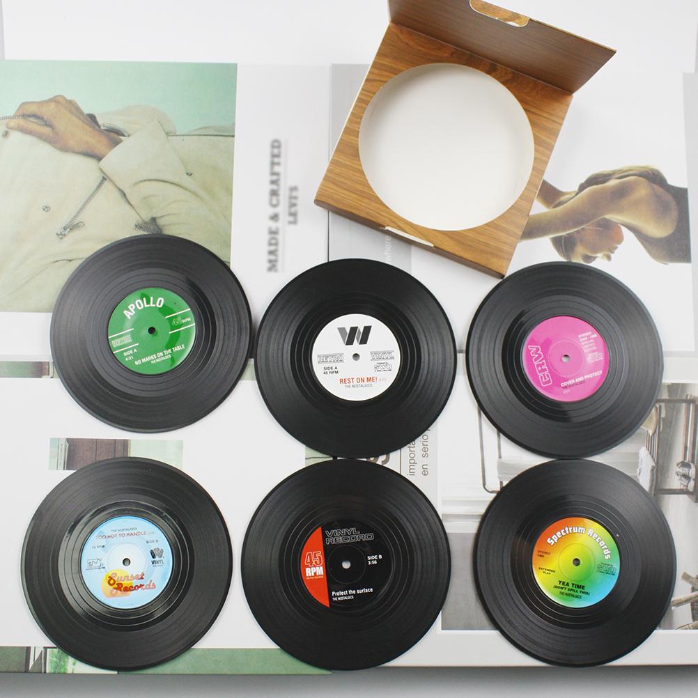 6pcs Coaster European American Retro Style Drink Beer Tea Abs Vinyl Record Cd Non Slip Drink Coaster for Desktop