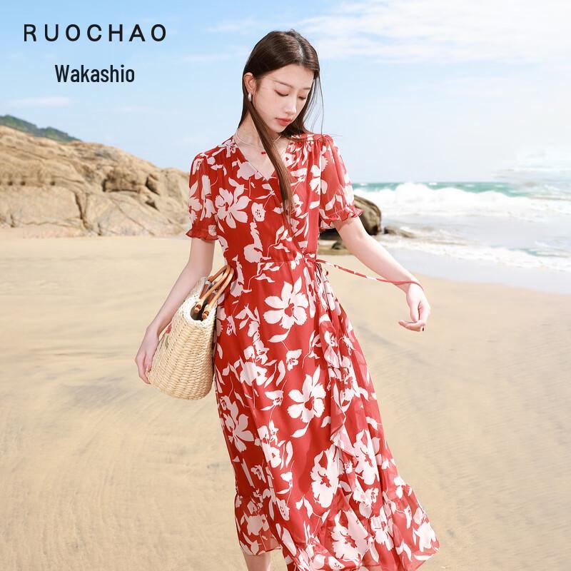 Women s French V-Neck Floral A-Line Summer Dress L