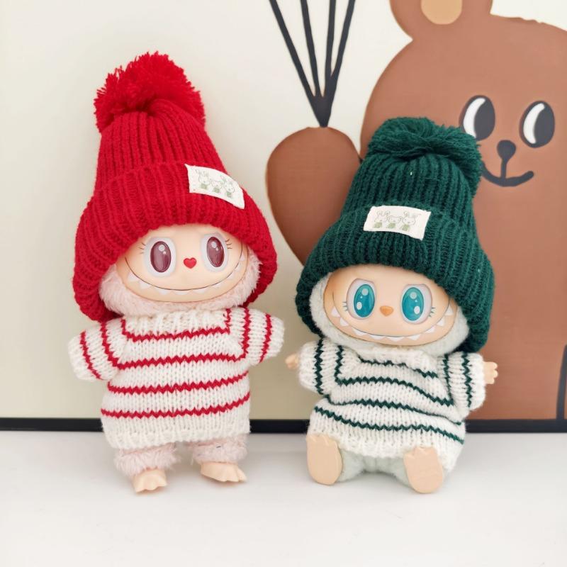 For 15-17CM LABUBU v1v2 doll clothes outfit striped series sweater autumn and winter clothes winter striped sweater hat set for bear hat tide