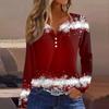 Women's T Shirt Tee Christmas Printed Button Long Sleeve Tunic Daily Weekend Fashion Basic V- Neck Regular Top