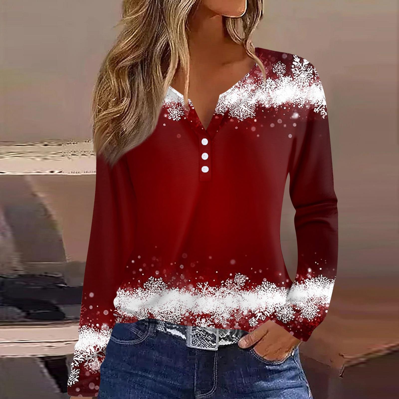 

Женская футболка Футболка Рождественский принт Пуговица Длинный рукав Туника Повседневная Мода для выходных Базовая С V-образным вырезом Обычный топ XXL винный