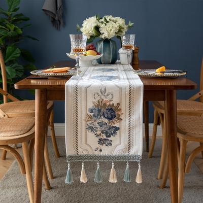High-End European Flower Table Flag Chenille Fringed Household Tablecloth Polyester Tablecloth Table Flag