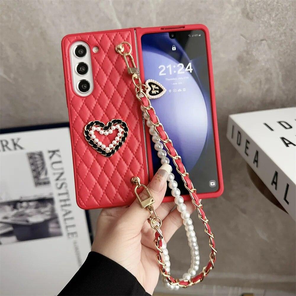 

Чехол из искусственной кожи с браслетом Love Pearl и ремешком для Samsung Galaxy Z Fold 3 4 5 флип 3 4 5, чехол Z Fold 5 4 3 раза 5 раза 4 раза 3 Samsung Z flip 5
