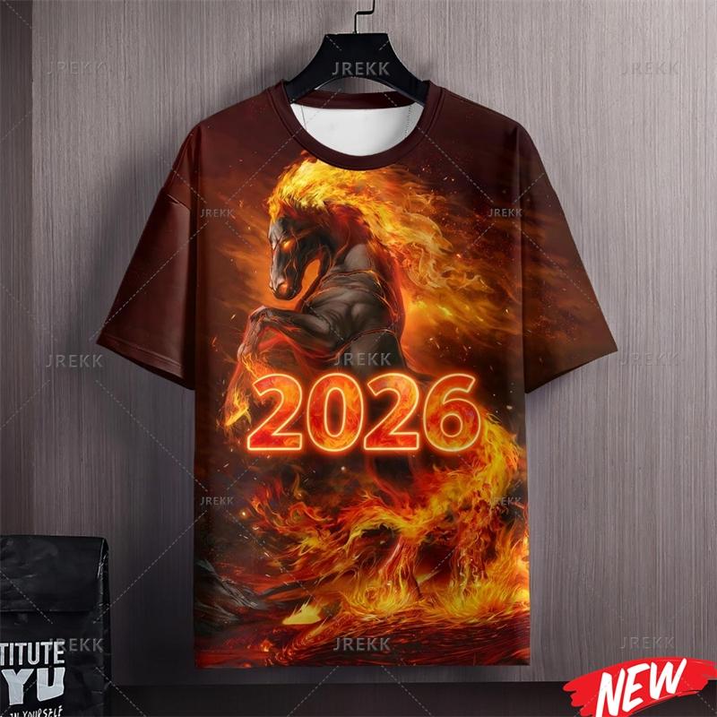 Colorful Happy New Year T Shirt Women 2026 New Year Round Neck Short Sleeve Women Family 3d Printing Horse Festival Party T Shirts