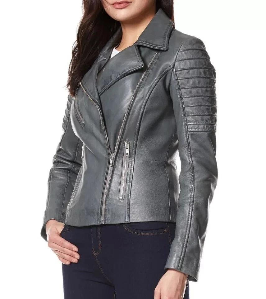 

New Women Jacket Gray Leather Lambskin Handmade Stylish Casual Motorcycle Biker 3XL серый
