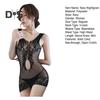 Sexy V Neck Backless Mesh Nightgown Women Black Transparent Open Crotch Bodysuit See Through Mini Nightdress