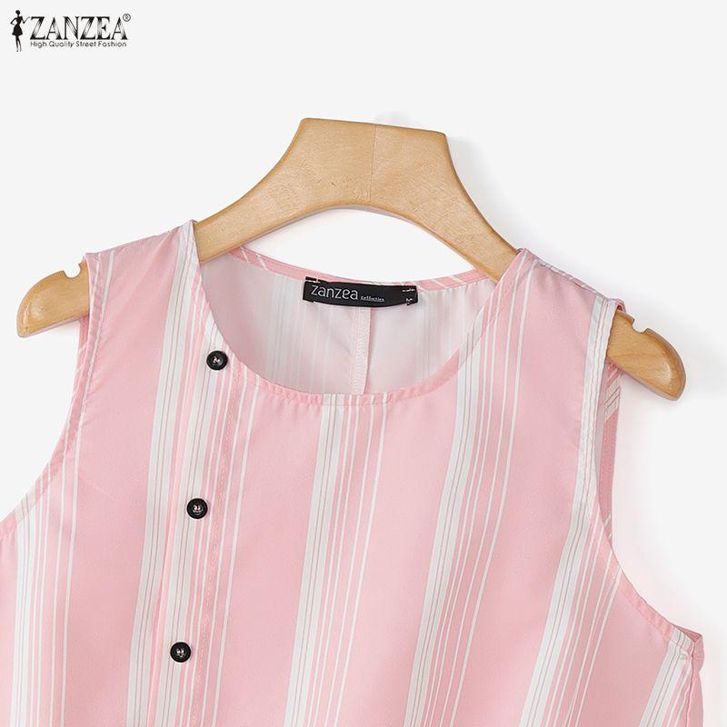ZANZEA Women Casual Round Neck Loose Stripe Sleeveless Tank Tops