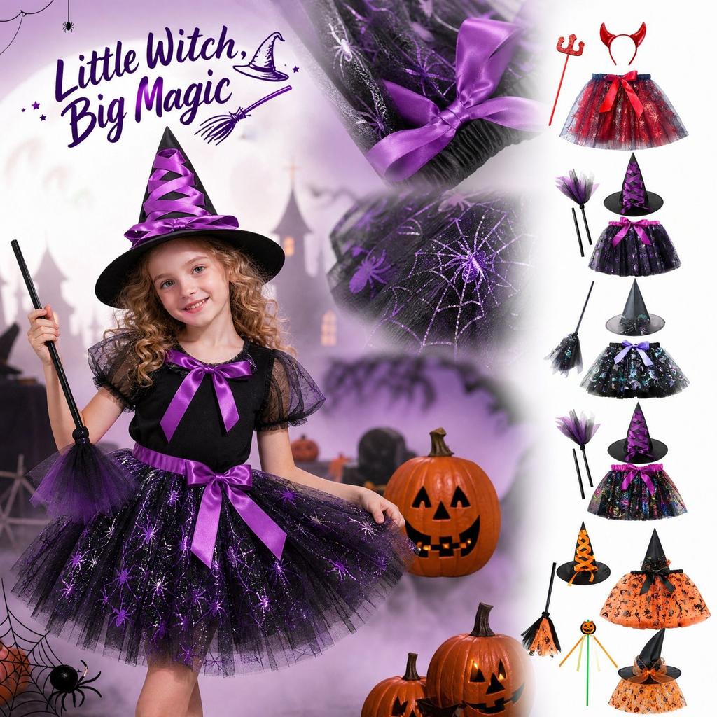 Girls Halloween Costume Set 3-Piece Dress with Pumpkin and Print Mesh, Witch Hat and for Dress-Up Party