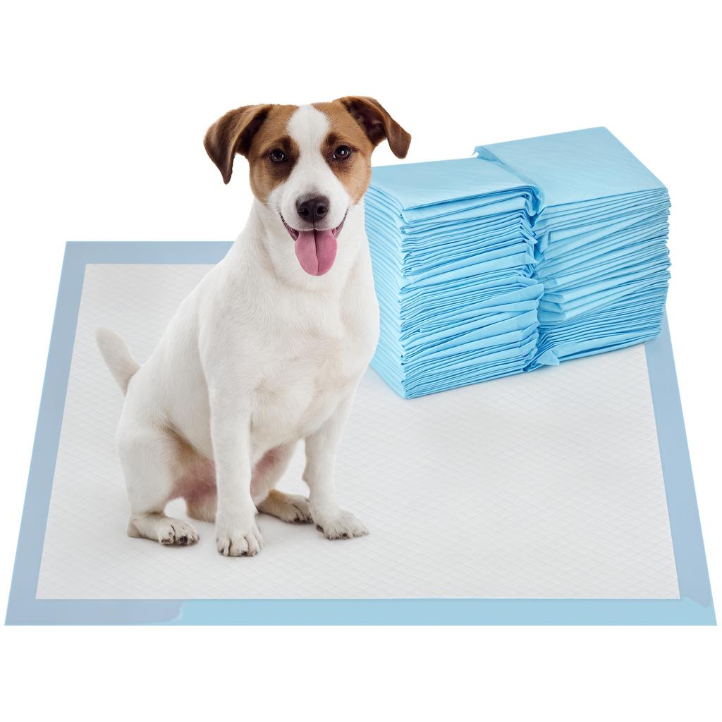 Set of 100 6-Layer Non-Woven, Paper, and PE Dog Toilet Pads, 45x60 cm, Blue and White