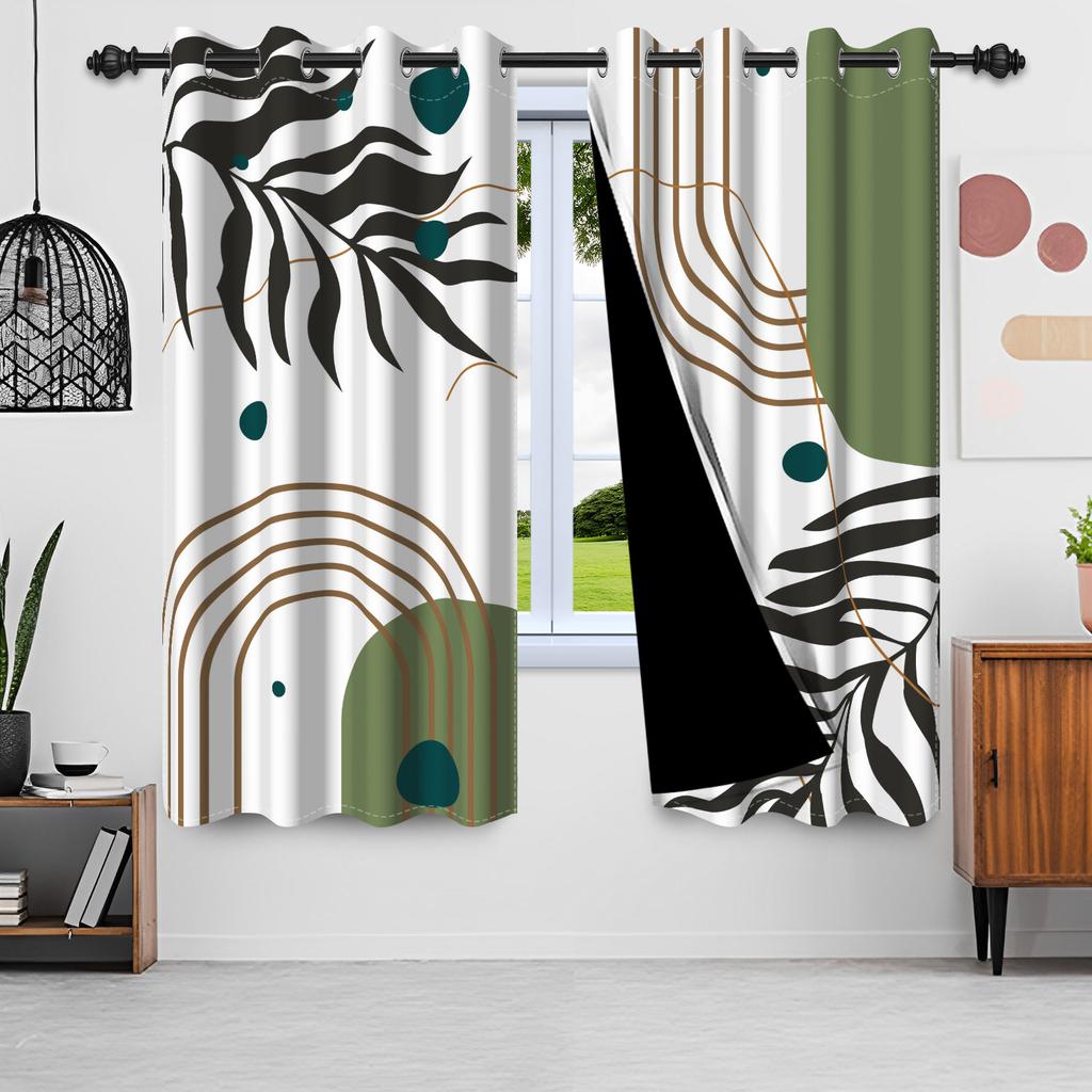2pcs Nordic Style Blackout Curtains Green Leaves Moon Window Curtains Sun Simple Minimalism Nordic Lines Home Interior Curtains