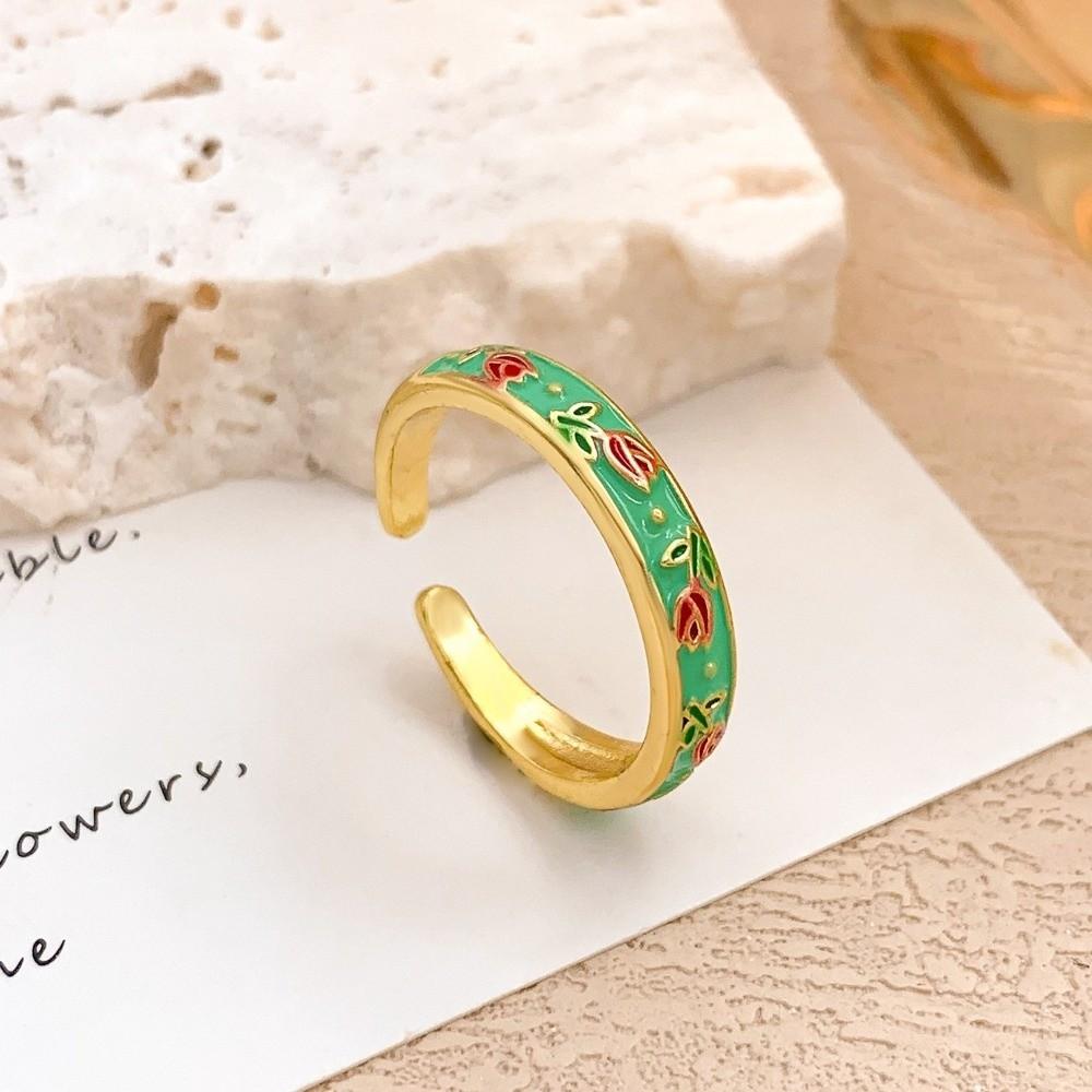 Unique Vintage Geometric Ring Flower Adjustable Tulip Ring Bohemian Enamel Open Ring Parties