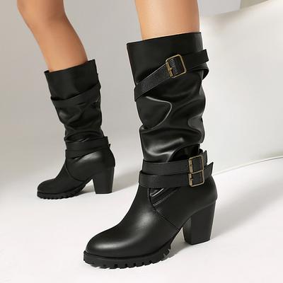 Plus Size Soft PU Wrapped Three Row Buckle For Women's Mid Leg Boots Tapered Thick Heel Flock Material For Calf Boots