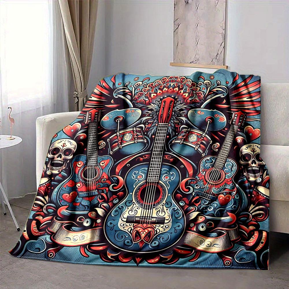 1pc Guitar Music Lightweight Flannel Blanket, Comfortable and Warm Blanket, for Office and Camping Sofa Bed, Livingroom205