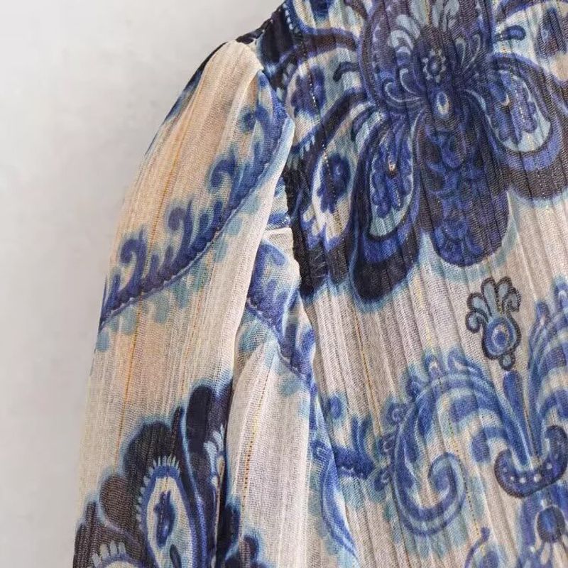 Kaslead New Women Clothes Western Style Simple Loose Metal Color Line Print Dress