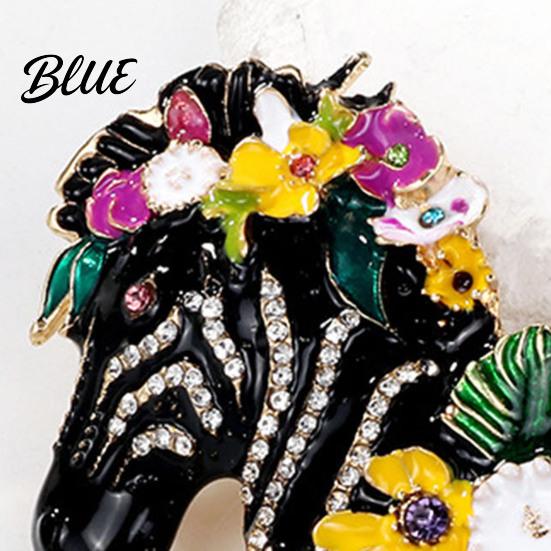 Zebra Brooch Head Enamel Rhinestone Lapel Pin with Flowers Colorful