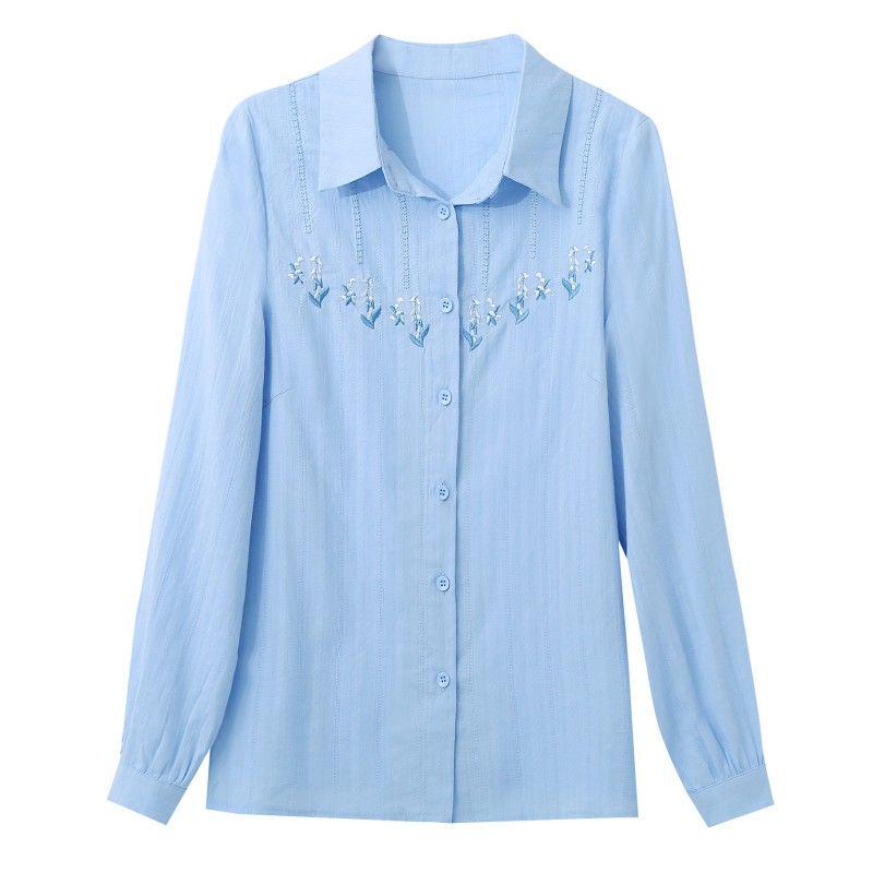 Cămașă de damă cu mâneci lungi, brodată, din bumbac pur - Primăvară & Toamnă 2024 Stil OL Casual Alb