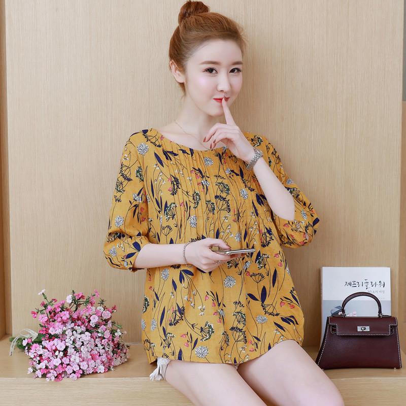 Elegant Womens Floral Print Casual Long Tops Shirt With Loose Vintage Ethnic Design And Crew Neck