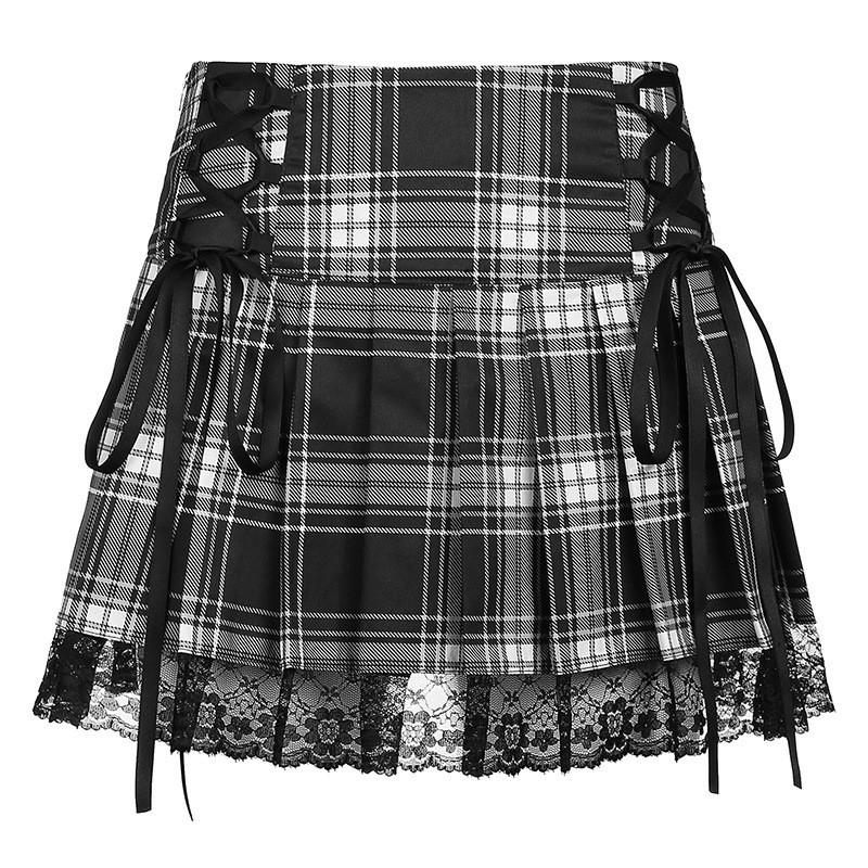 Polyester Plaid Cross Strap Lace Short Skirt With Pleats For Casual Women