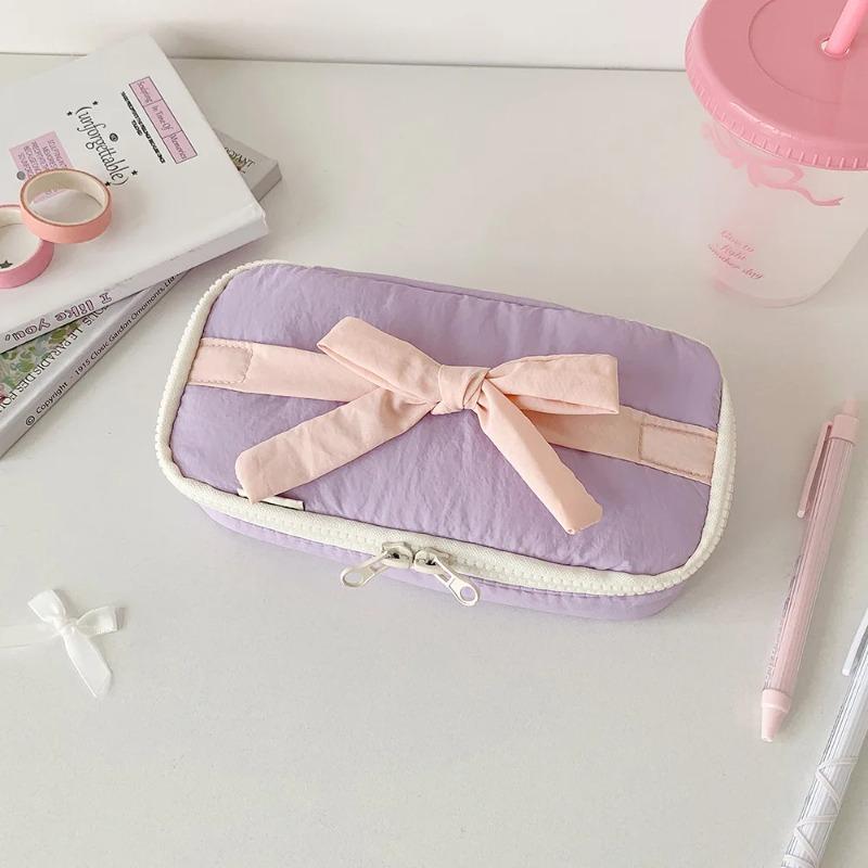 1Pcs INS Style Korean Fabric Craft Pencil Case Minimalist Bowknot Buggy Bag Student Stationery Bag Desktop Storage Bag