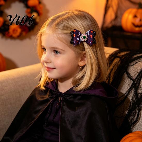 Cute Halloween Hair Accessories Glitter Bow Clips for Kids Baby Girls, Double Layer Party Dress Up Supplies Ghost/Pumpkin/Eyeball Bowtie Pins