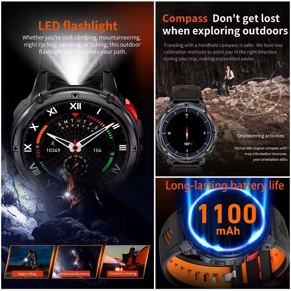 2026 New 1100mAh Battery Smart Watch GPS Path 5ATM Waterproof Sports Run Tracker Outdoors Compass Military Smartwatch