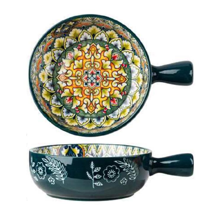 Multipurpose Bohemians Handled Bowl Salad Bowl Ceramic Texture Oven Microwave Safe Dishwasher Cleanable Healthy Cooking