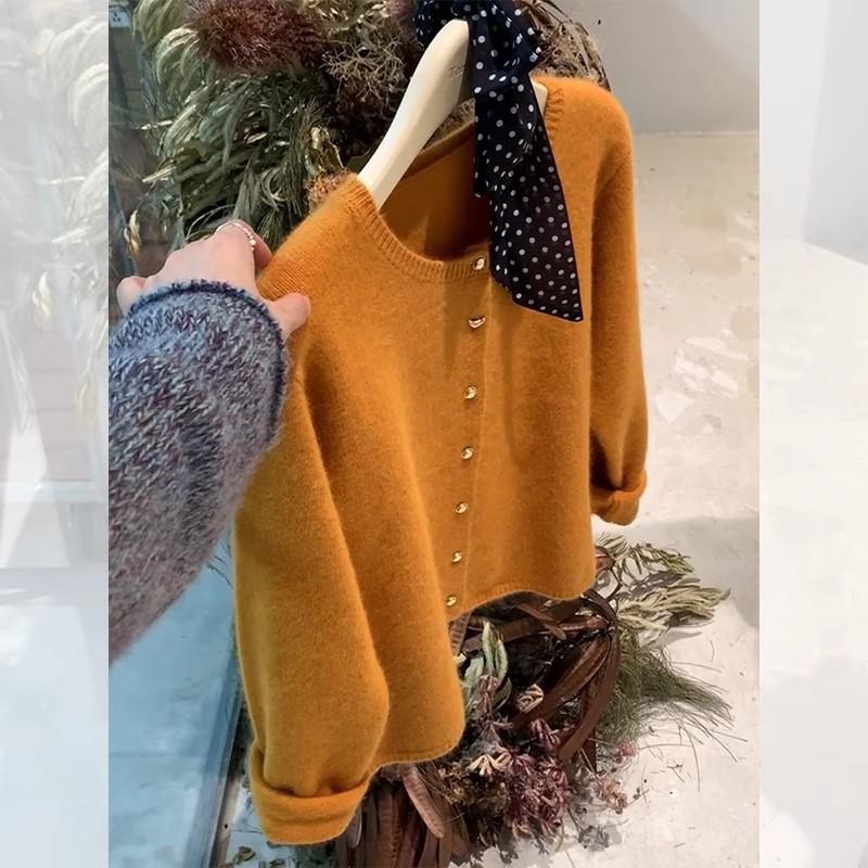 Women's Orange Raccoon Knit Cardigan - Autumn/Winter Lazy Style Short Sweater Coat
