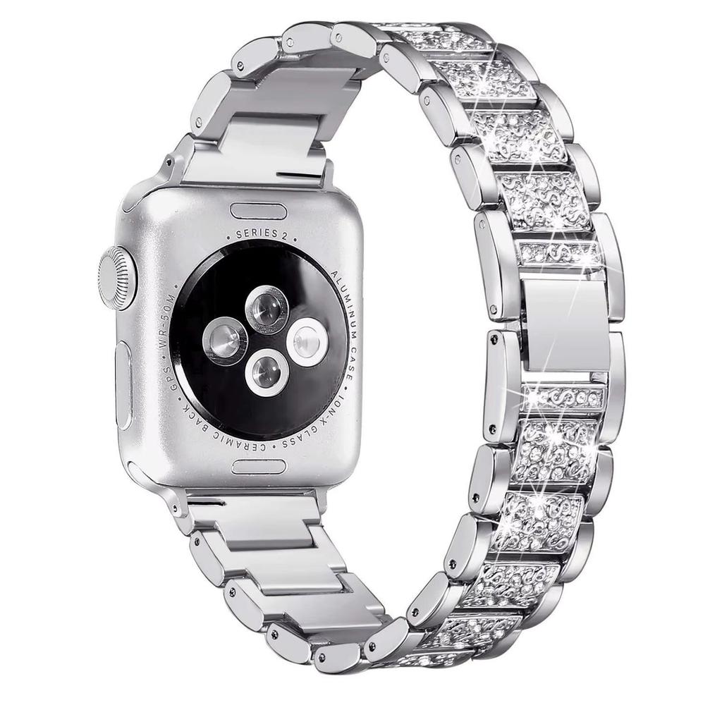 Compatible with Apple Watch 9/8/7: Luxury Women's Three-Bead Full Diamond Metal Strap