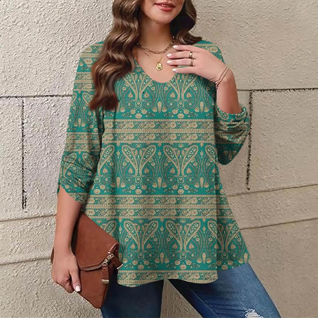 Women's Plus Size Fashion Printed Casual Pleated Round Neck Long Sleeve Top