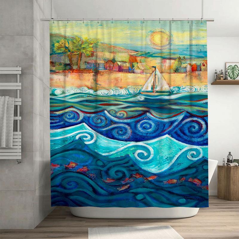 

Beach Vibe Shower Curtain: Ocean Waves Sailboat Print Waterproof Fabric For Bathroom Decor Blue Red Fish Design 72X84 Inches (18 W60H190(CM)-1 Pcs