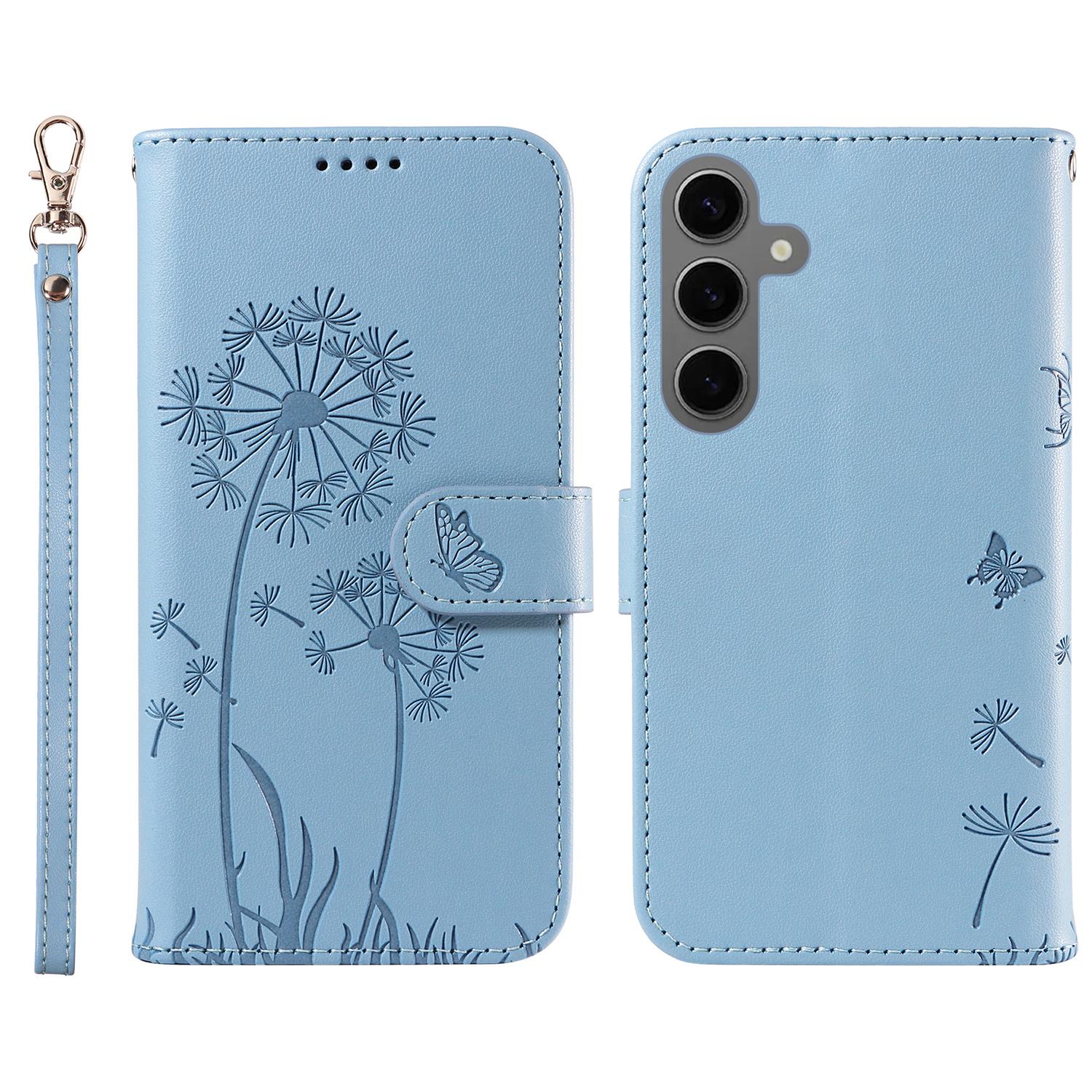 Кожаный чехол-кошелек для Samsung Galaxy S25/S24 с тиснением «Одуванчик» Sky Blue