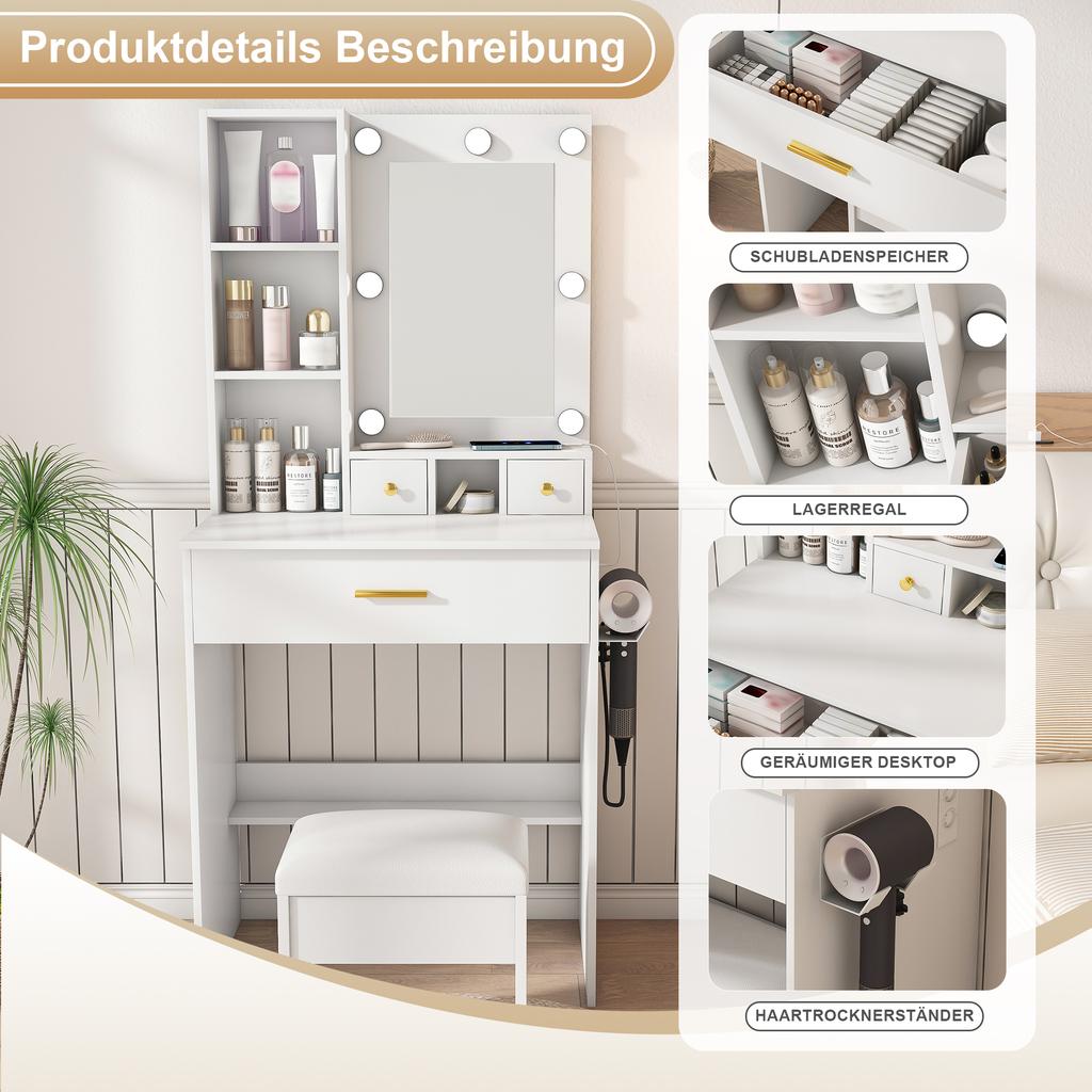 Small Vanity Table Set with Mirror and Adjustable LED Lighting, Socket, Hair Dryer Holder & Padded Stool - Drawers and Shelf, White, W60/H131.5/D38cm