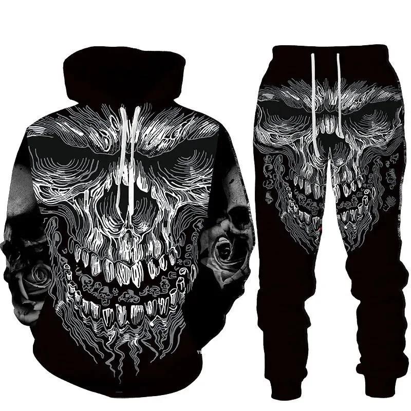 Skull 3D Printed Hoodies Trousers Set Spring Autumn Men Tracksuits Casual Sweashirt Pullover 2 Piece Suit Vintage Men Outfits