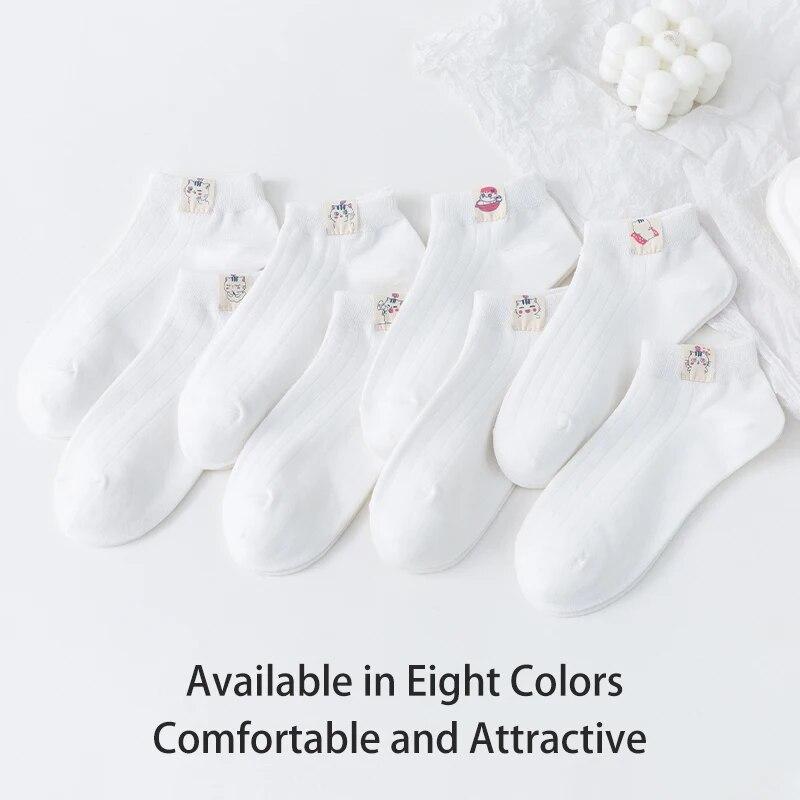 Meias Femininas de Primavera e Verão Quatro Estações Brancas Simples Cor Sólida Gato Desenho Animado Fashion Doce Fofas Confortáveis