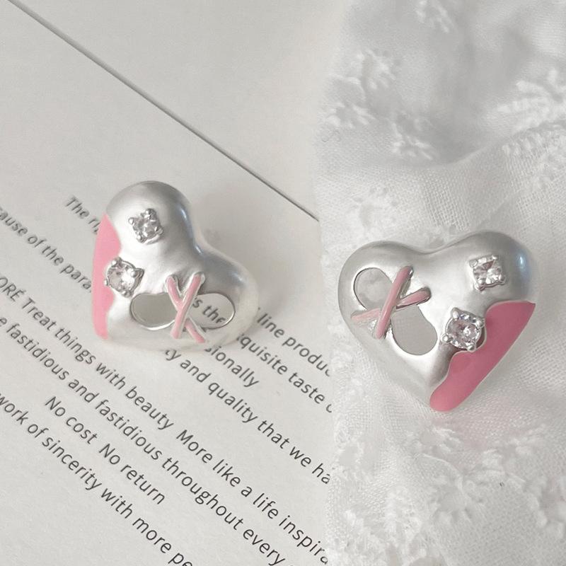 

PANJBJ 925 Sterling Silve Heart Zircon Earrings For Women Girl Drip Glaze Overlapping Sweet Jewelry Party Gift Dropshipping