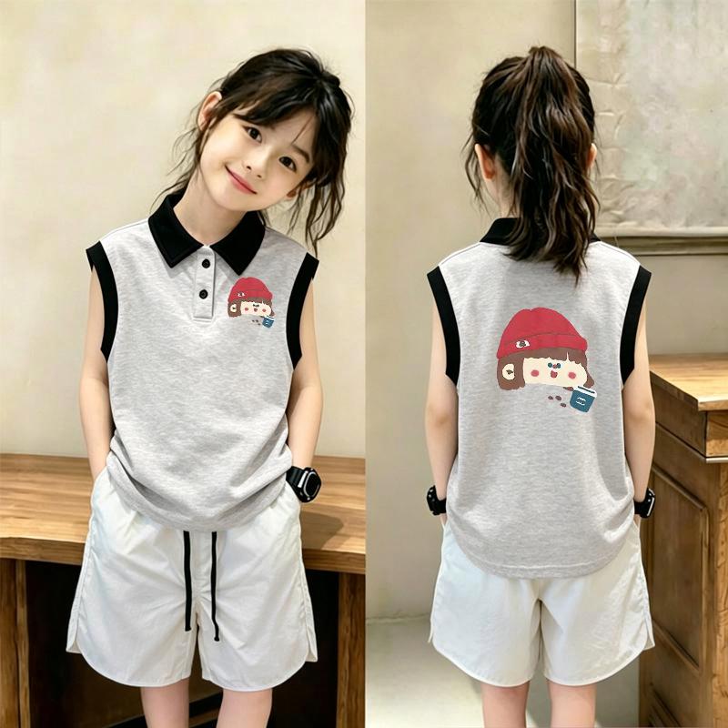 Korean-Style Girls' Color Block Sleeveless Polo Shirt Set - Summer Loose Fit